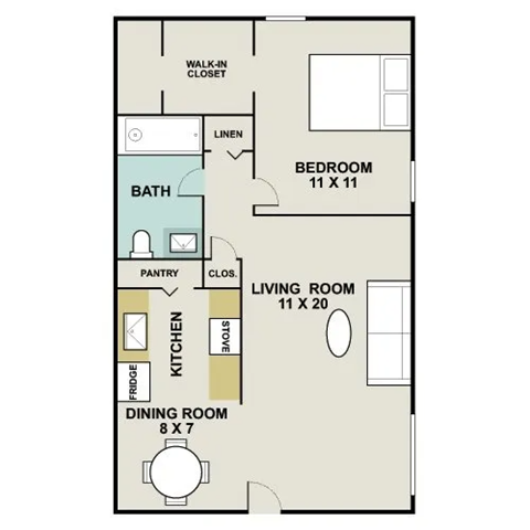A floor plan of a small apartment with a living room, dining room, kitchen, bathroom, and bedroom.
